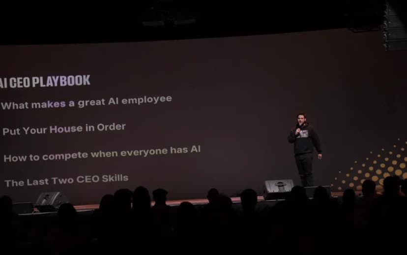 AI CEO Playbook talk on stage at a Marblism event