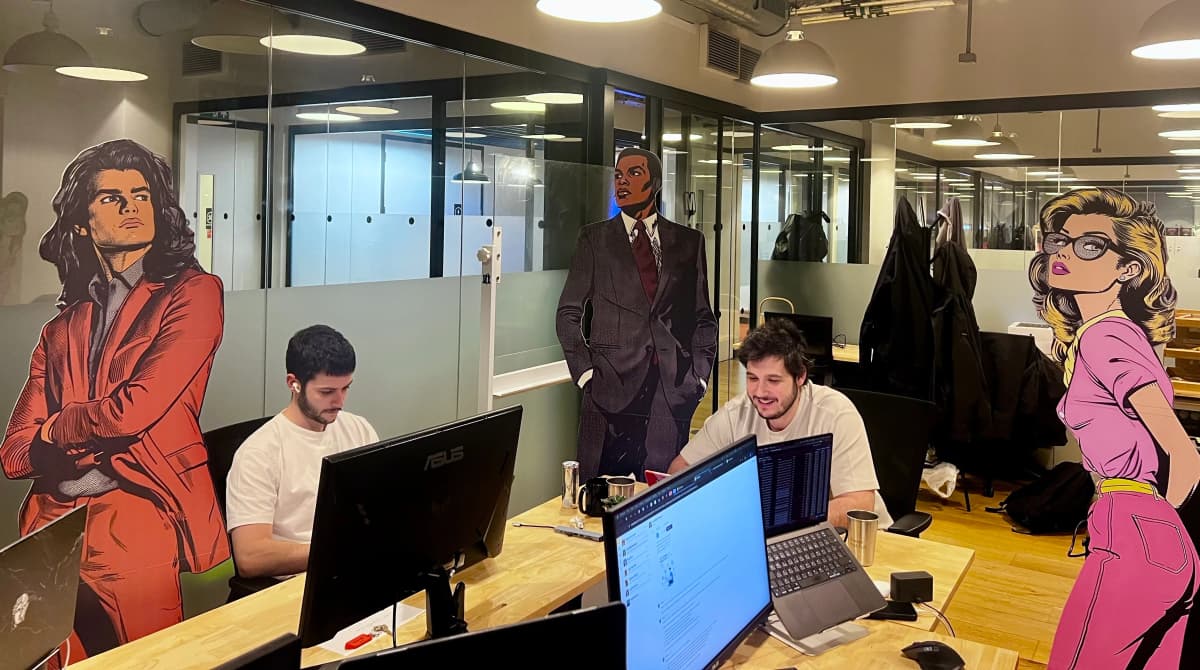 Marblism team at London HQ with comic alter-egos