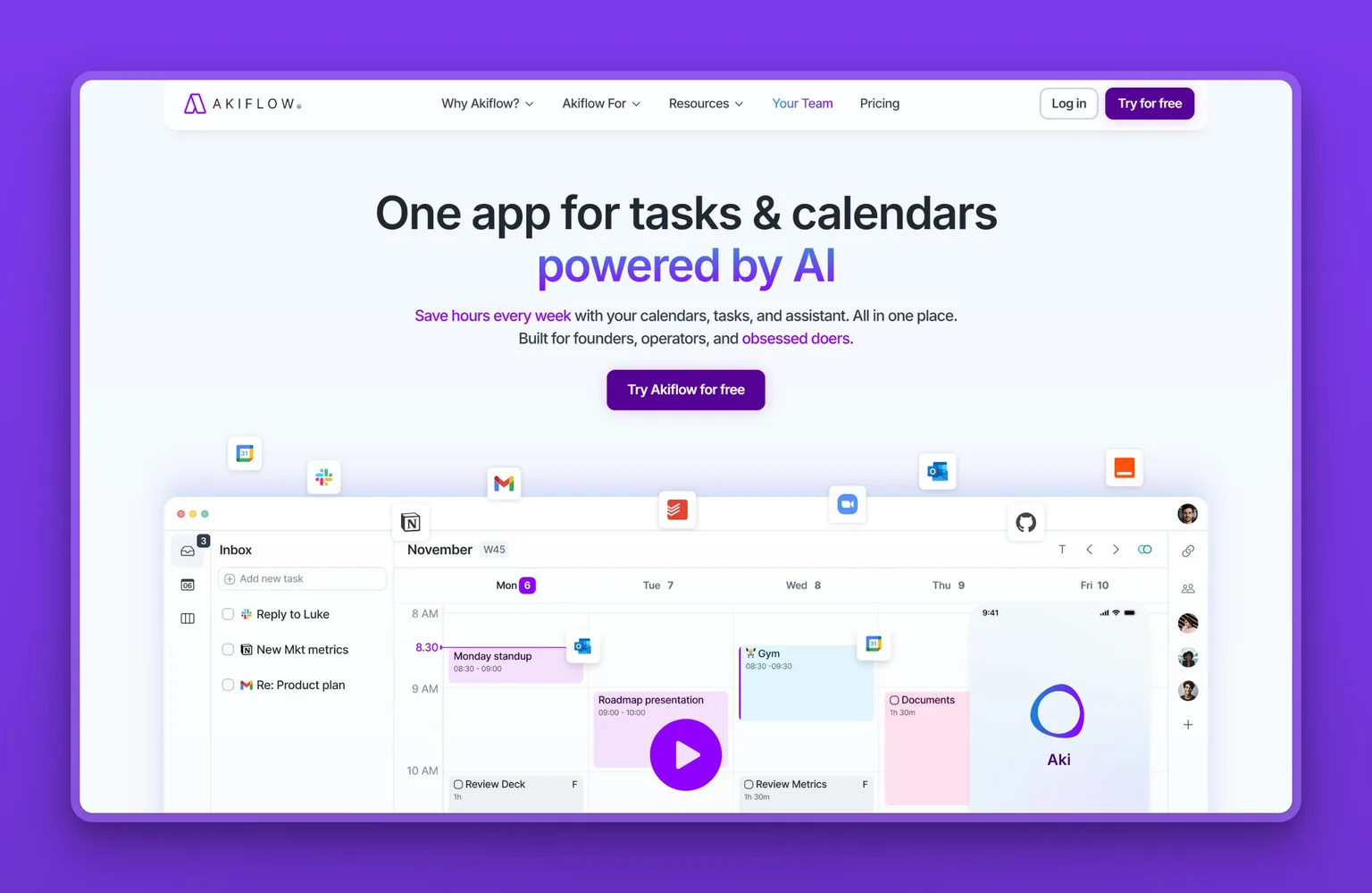 Akiflow homepage showing a unified daily planner with drag-and-drop time-blocking