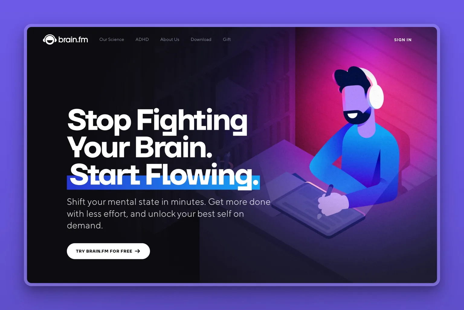 Brain.fm focus player showing Deep Work mode with a neural effect intensity control