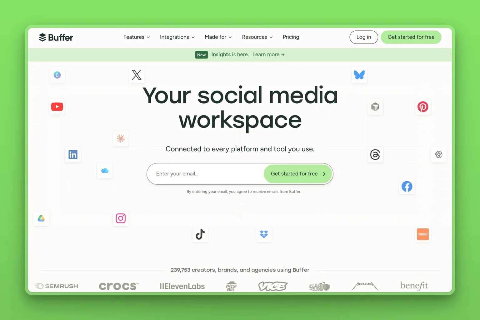 Buffer social media scheduling dashboard showing calendar view and multi-platform post queue