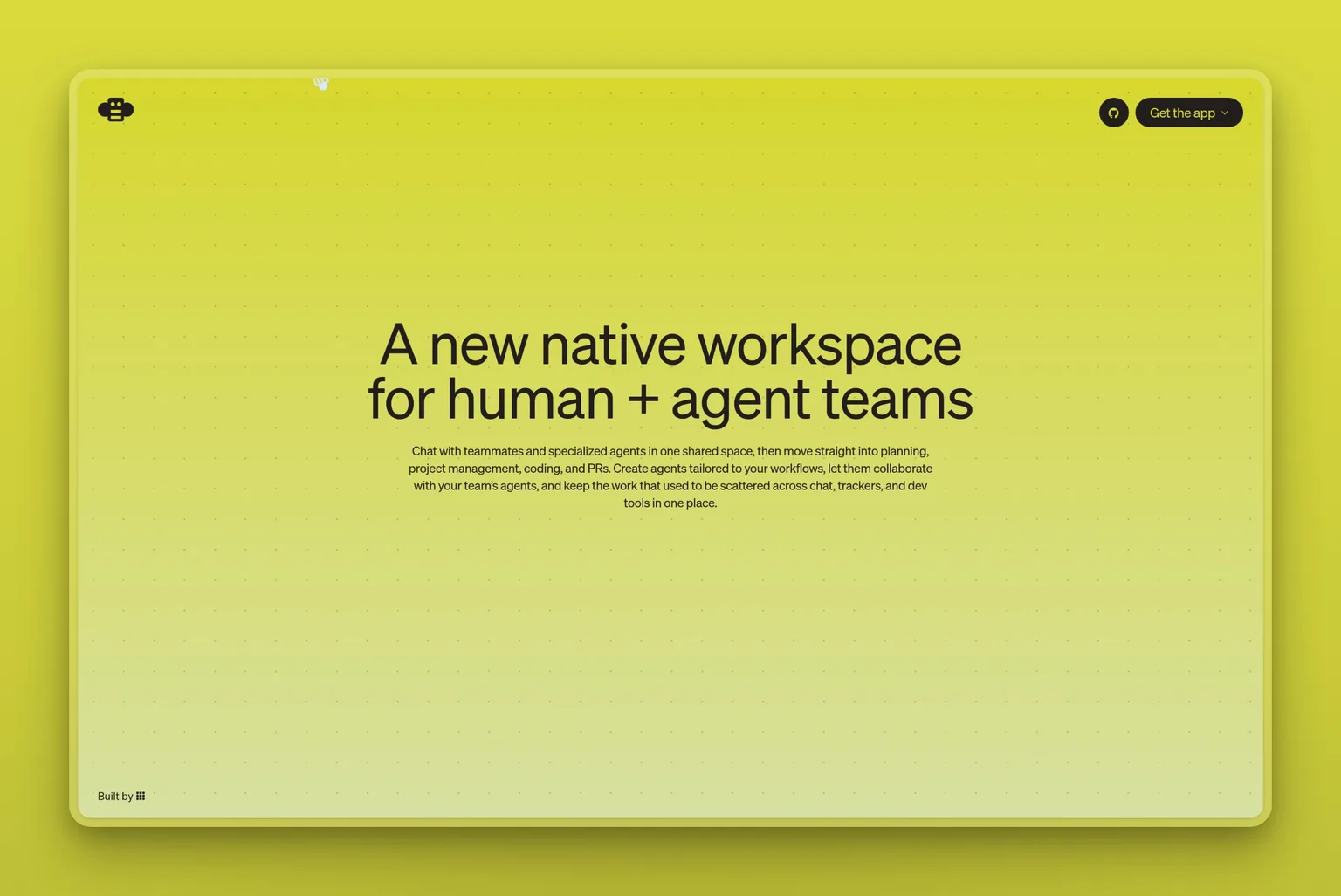 Buzz homepage describing a new native workspace for human and agent teams, built by Block on the Nostr protocol