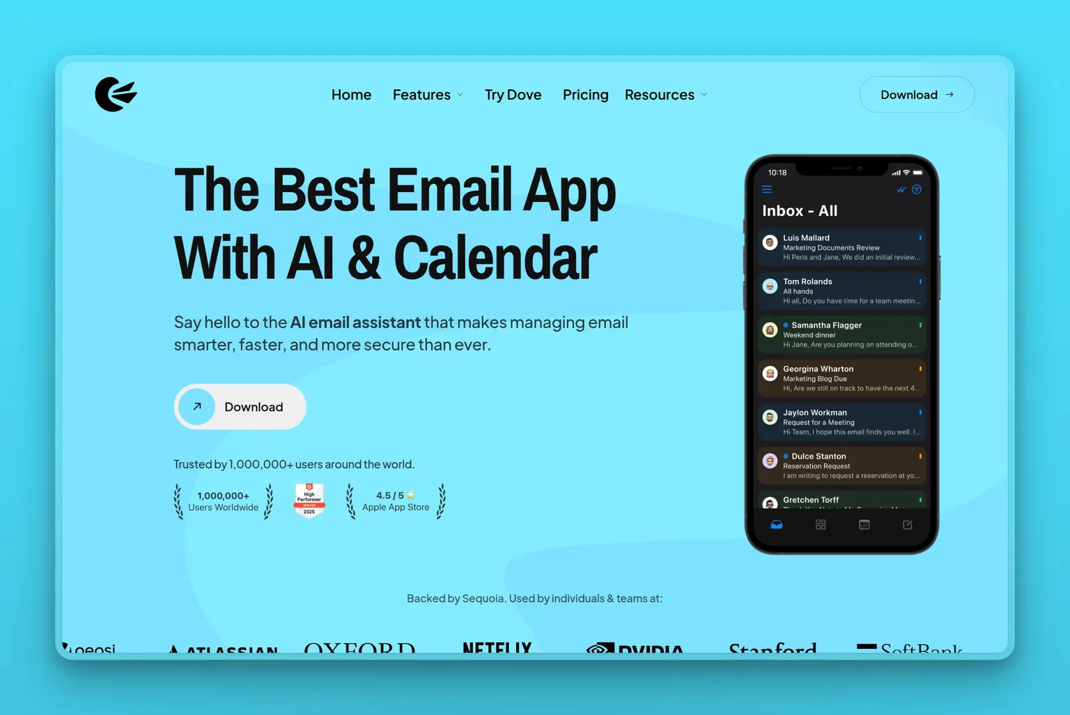 Canary Mail app showing unified inbox with PGP encryption toggle and phishing protection indicators