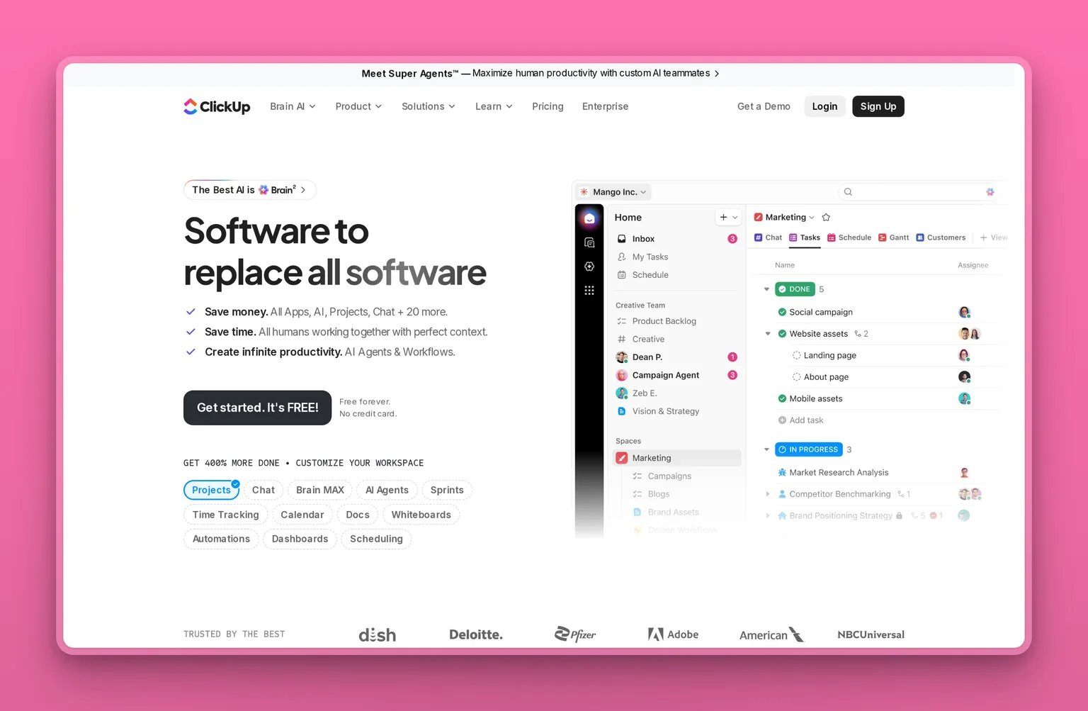 ClickUp homepage, "Software to replace all software," showing its tasks, docs, and AI workspace