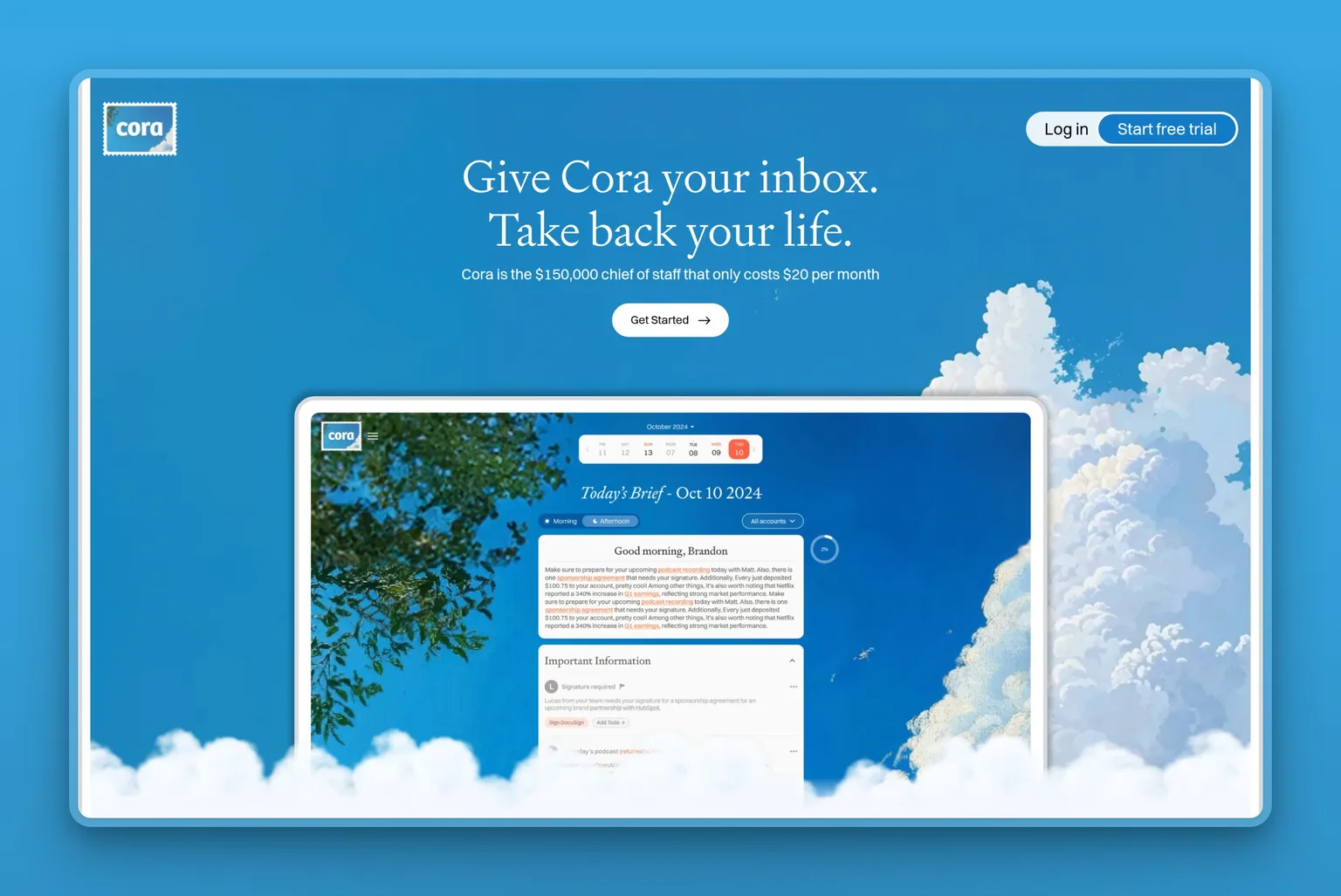 Cora inbox screening interface showing the twice-daily Brief and drafted replies waiting in Drafts