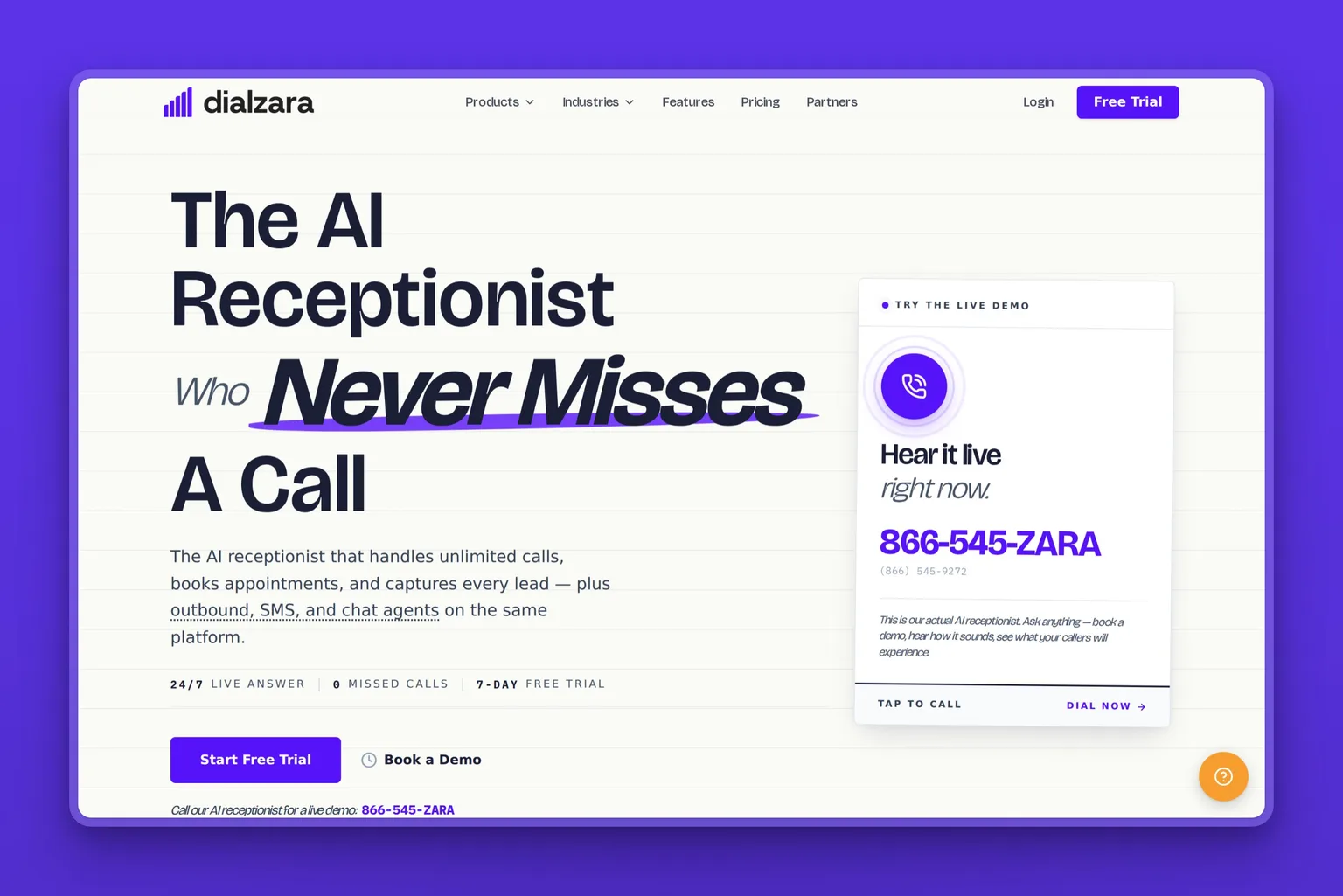 Dialzara AI receptionist homepage showing fast setup and 24/7 call answering