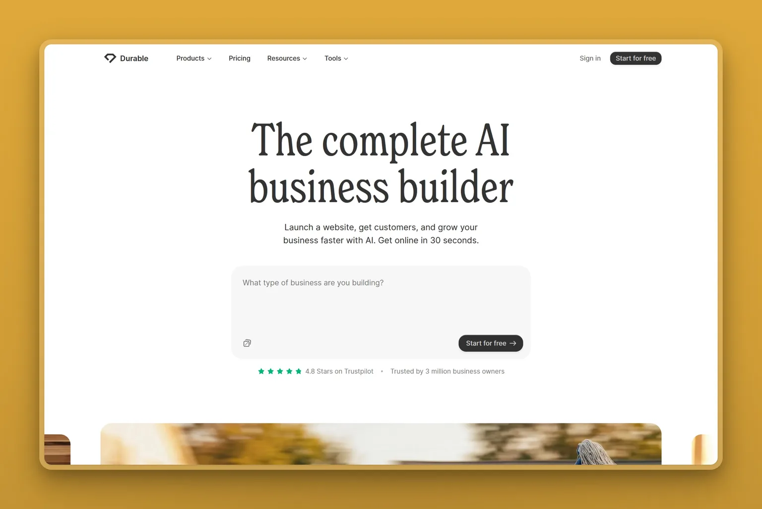 Durable AI website builder generating a small-business site from a description
