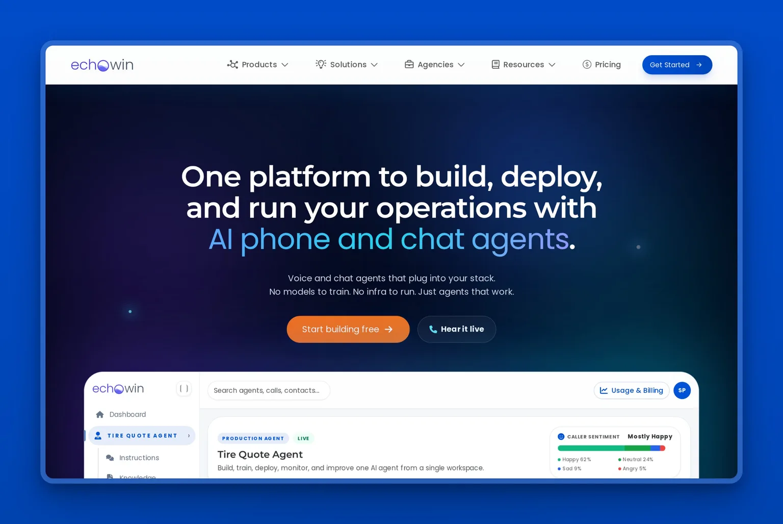 echowin homepage showing an AI agent that answers across phone, SMS, and chat