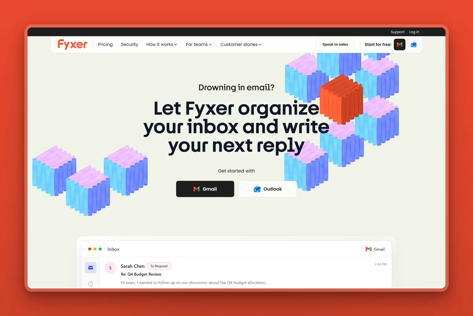 Fyxer homepage showing its AI email assistant organizing an inbox and drafting a reply, with Gmail and Outlook sign-in options
