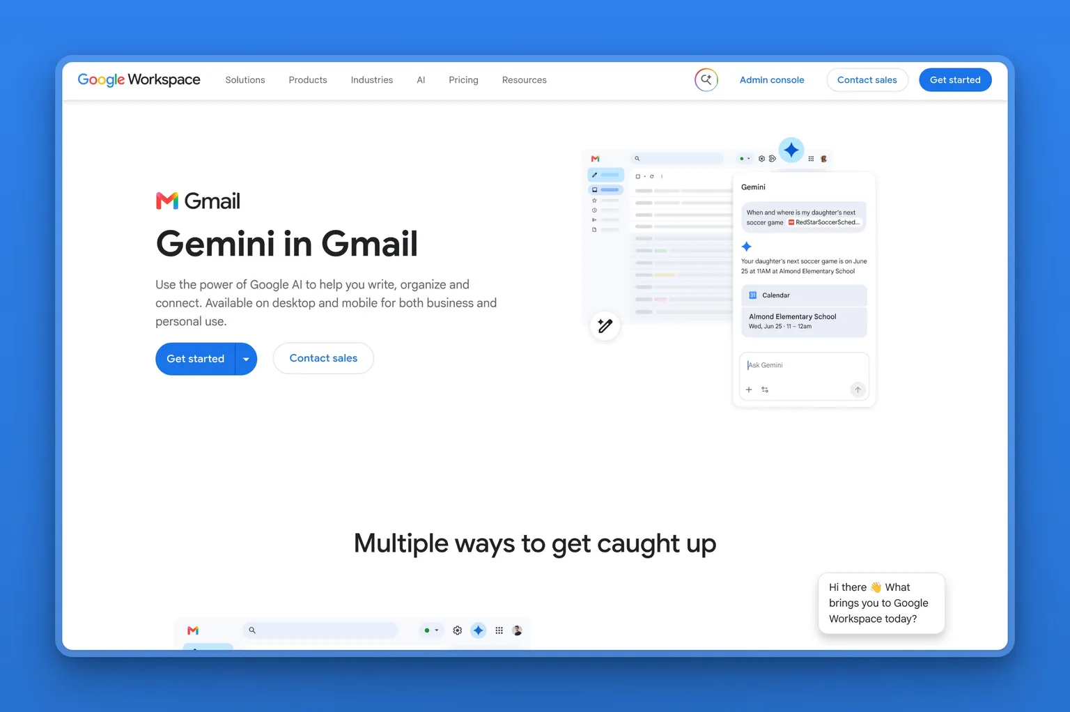 Gemini for Gmail interface showing the AI assistant panel inside Gmail with thread summarization and inline drafting tools