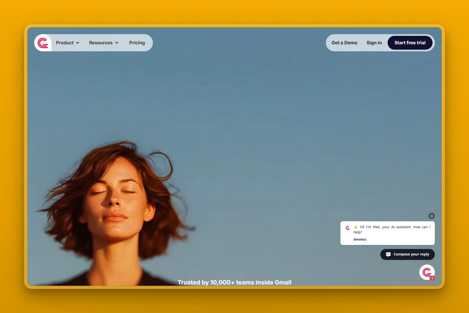 Gmelius homepage showing its shared inbox and AI assistant layered inside Gmail