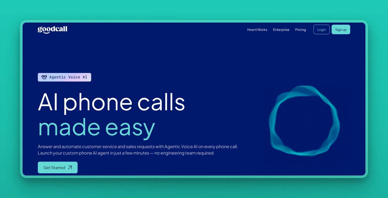 Goodcall homepage showing its no-code AI phone agent for small businesses