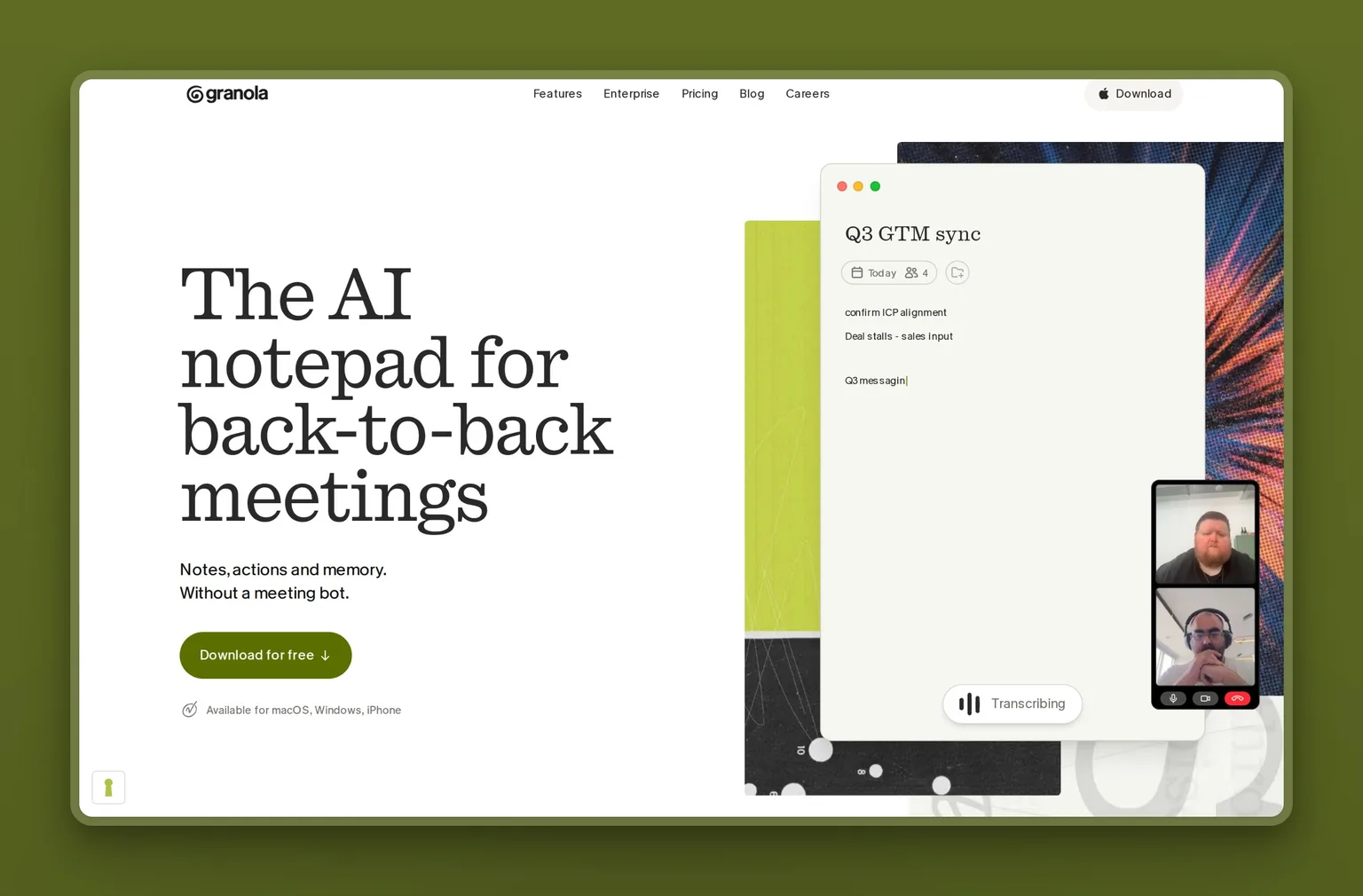 Granola homepage showing AI meeting notes generated from background audio with no meeting bot