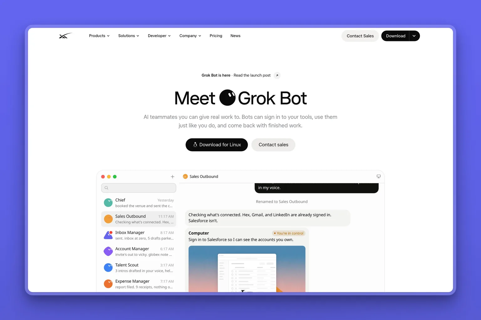 Grok Bot hero showing xAI's always-on VM agent with named bots for business automation