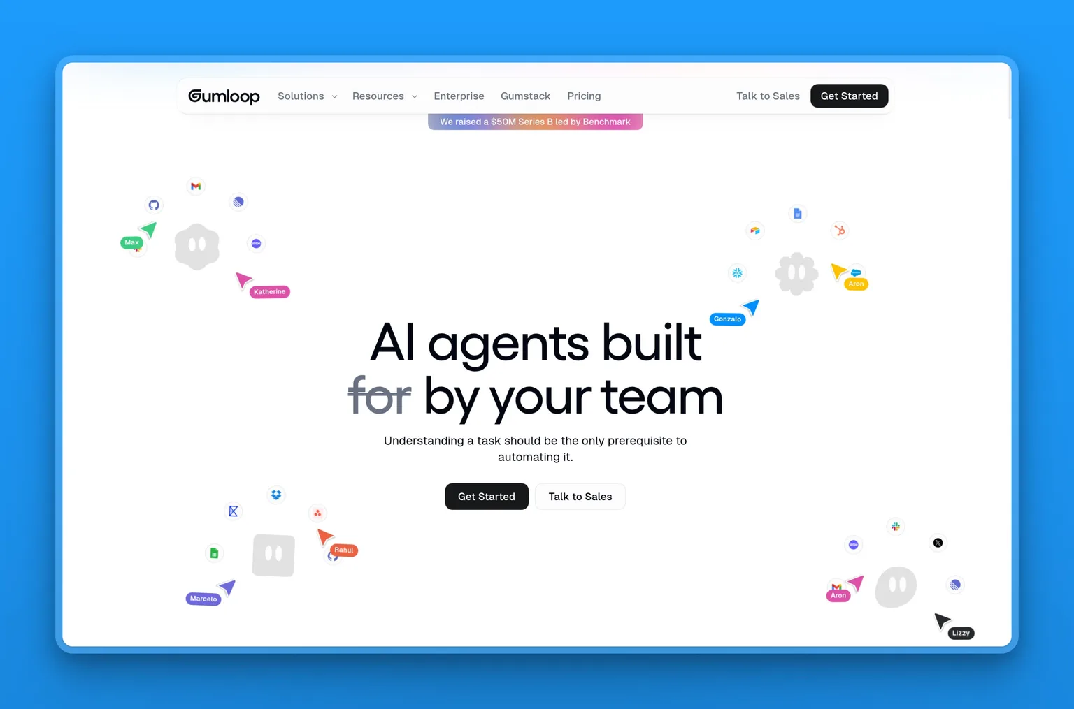 Gumloop homepage showing its no-code AI agent and workflow builder