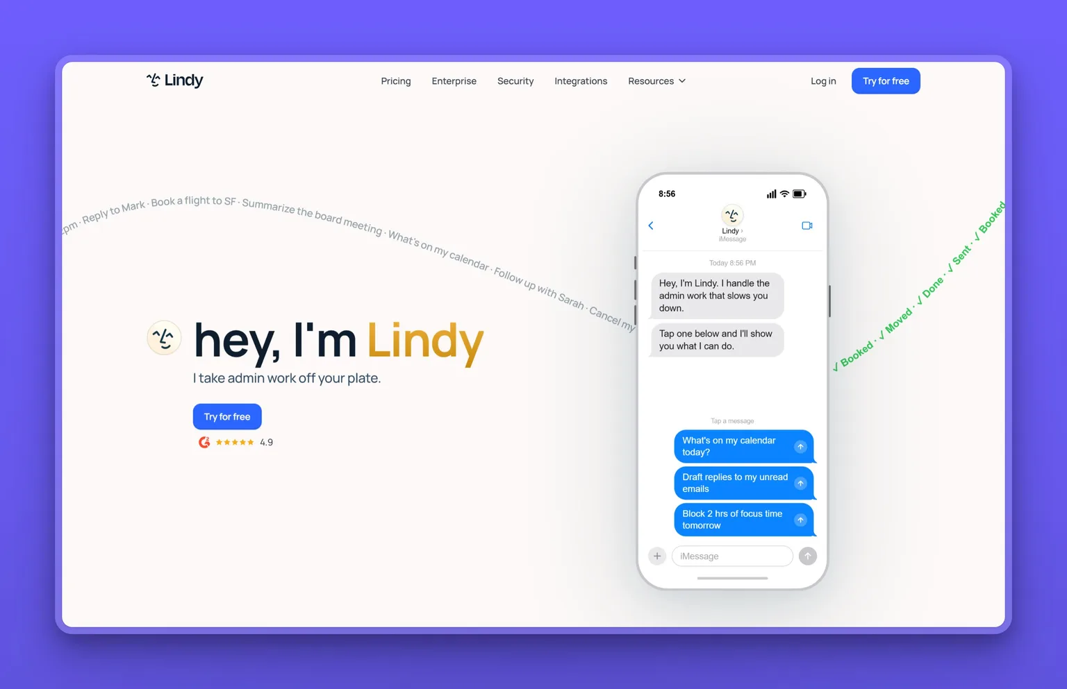 Lindy homepage, a personal AI assistant that takes admin work off your plate