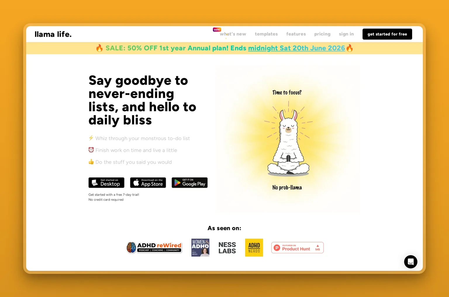 Llama Life single-task view with a countdown timer and time estimate