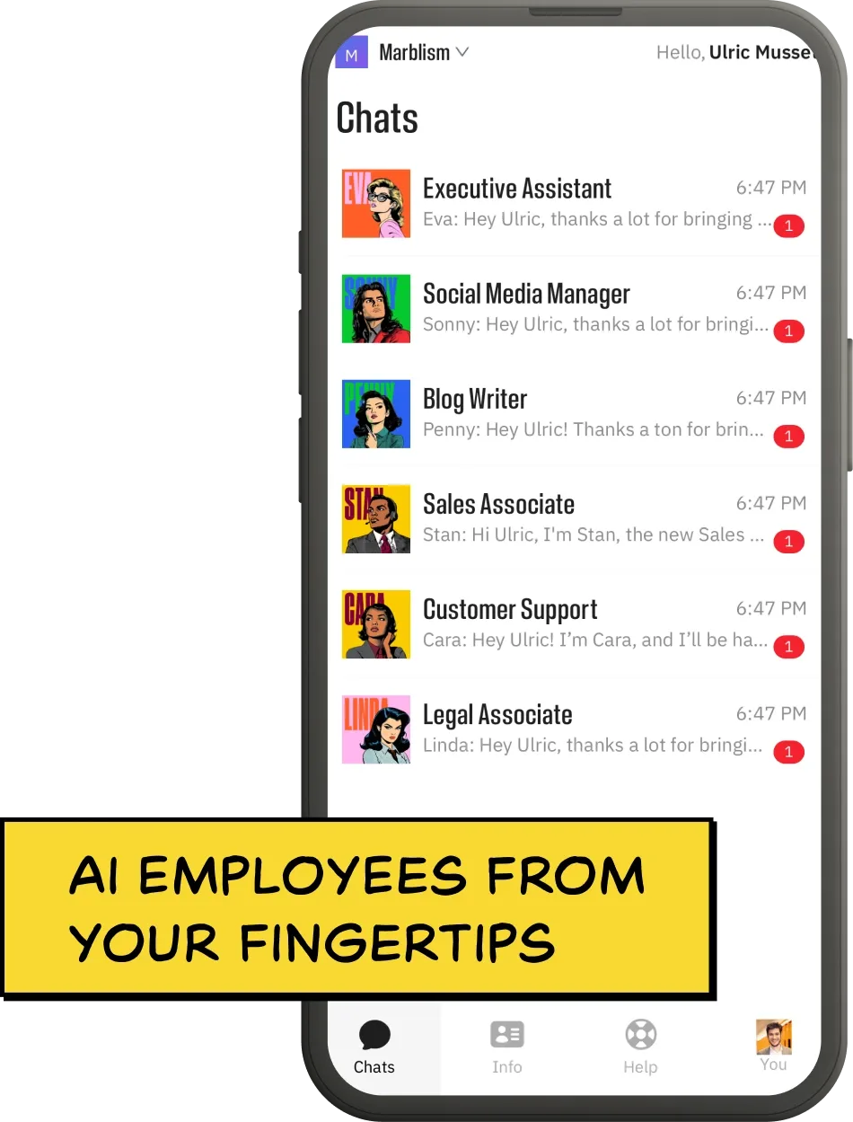 The Marblism chat list on a phone, showing all six AI employees ready to message: Executive Assistant, Social Media Manager, Blog Writer, Sales Associate, Customer Support, and Legal Associate, with the caption AI employees from your fingertips