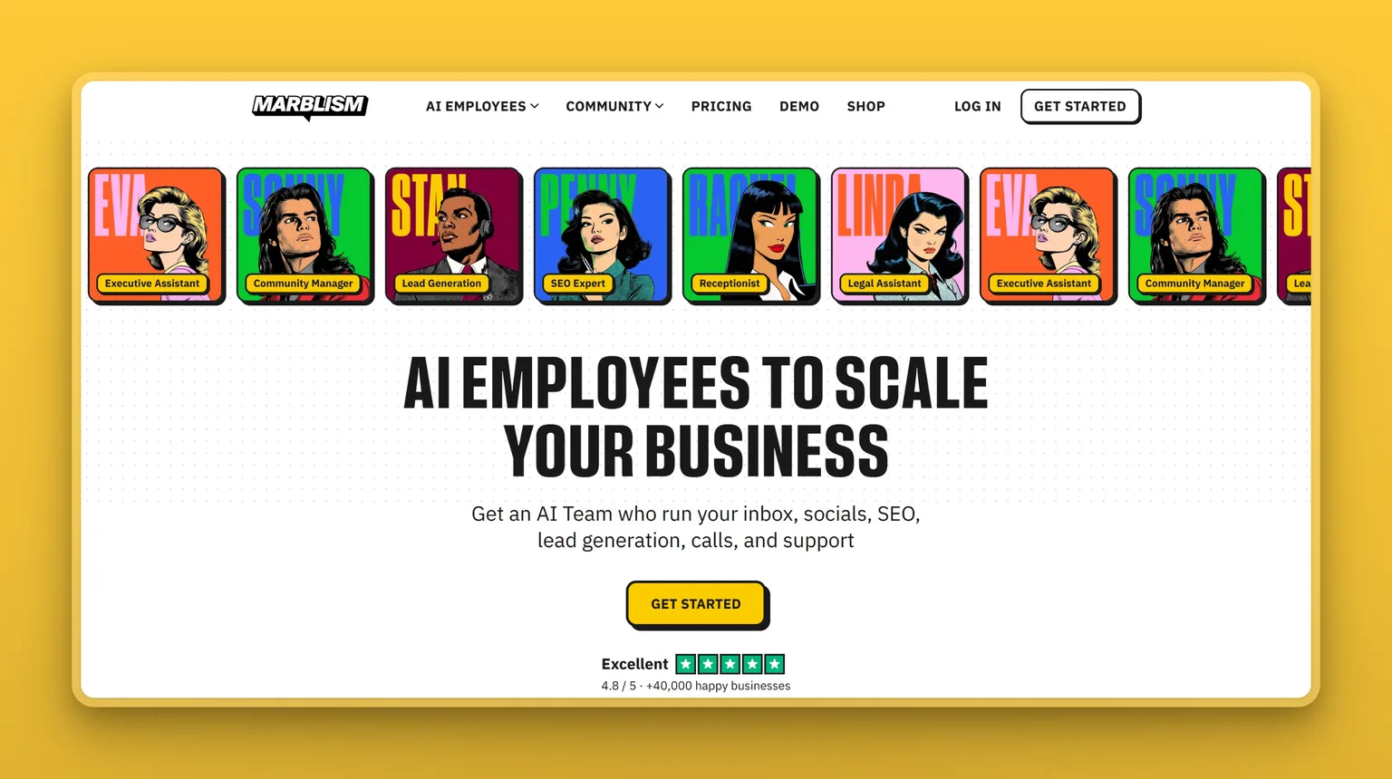 Marblism homepage showing the six AI Employees for a small business
