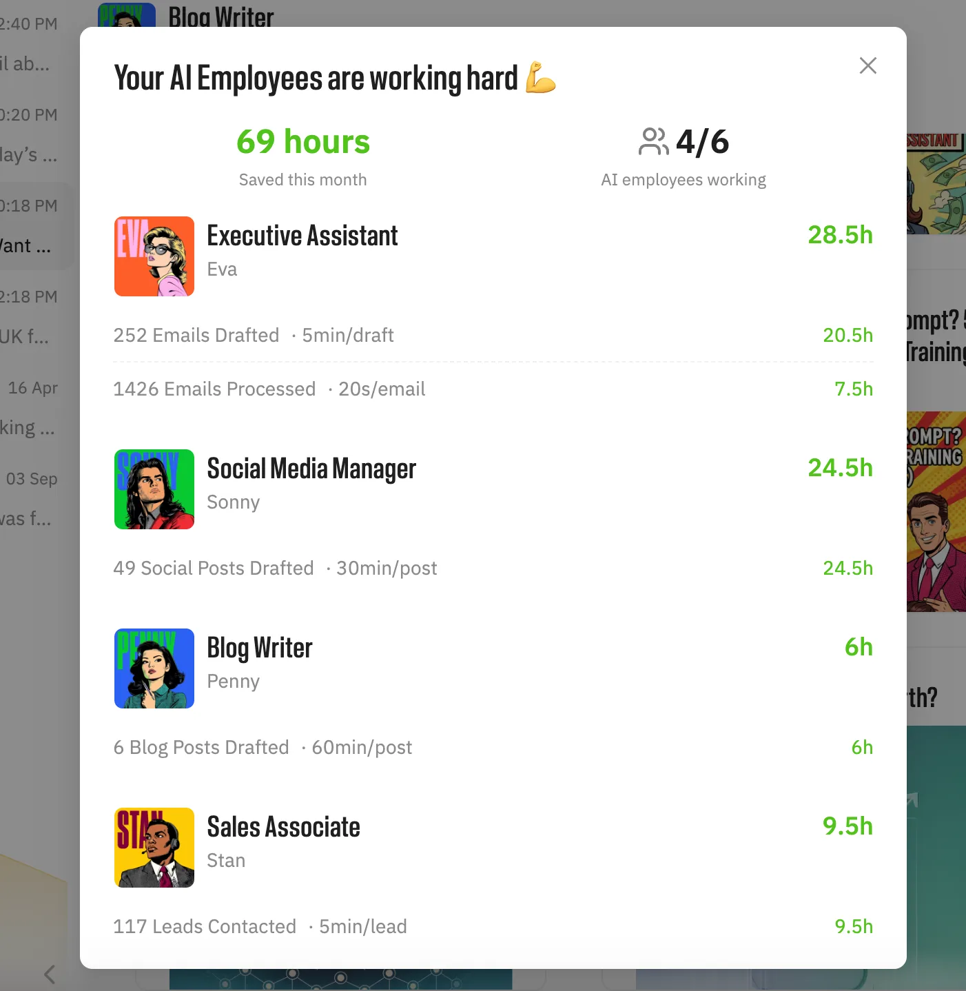 The Marblism dashboard showing a month of Eva's work as an AI executive assistant, with hours saved, emails drafted, and emails processed for the owner