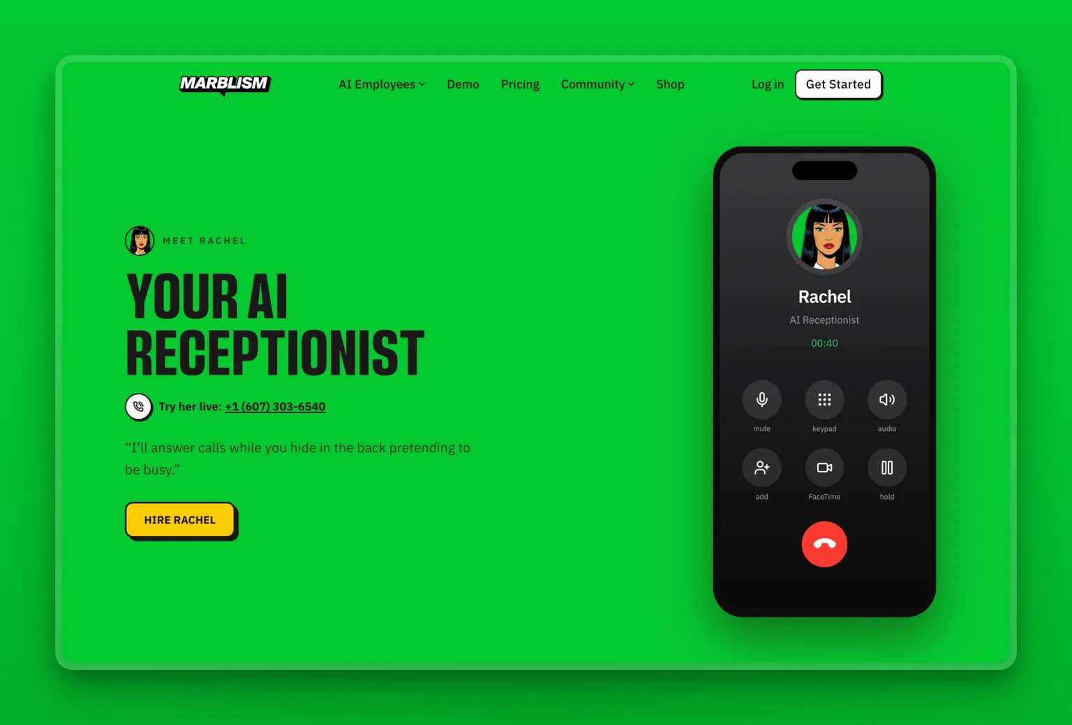 Marblism's Rachel AI Receptionist page showing a live call demo and 24/7 call answering for small businesses