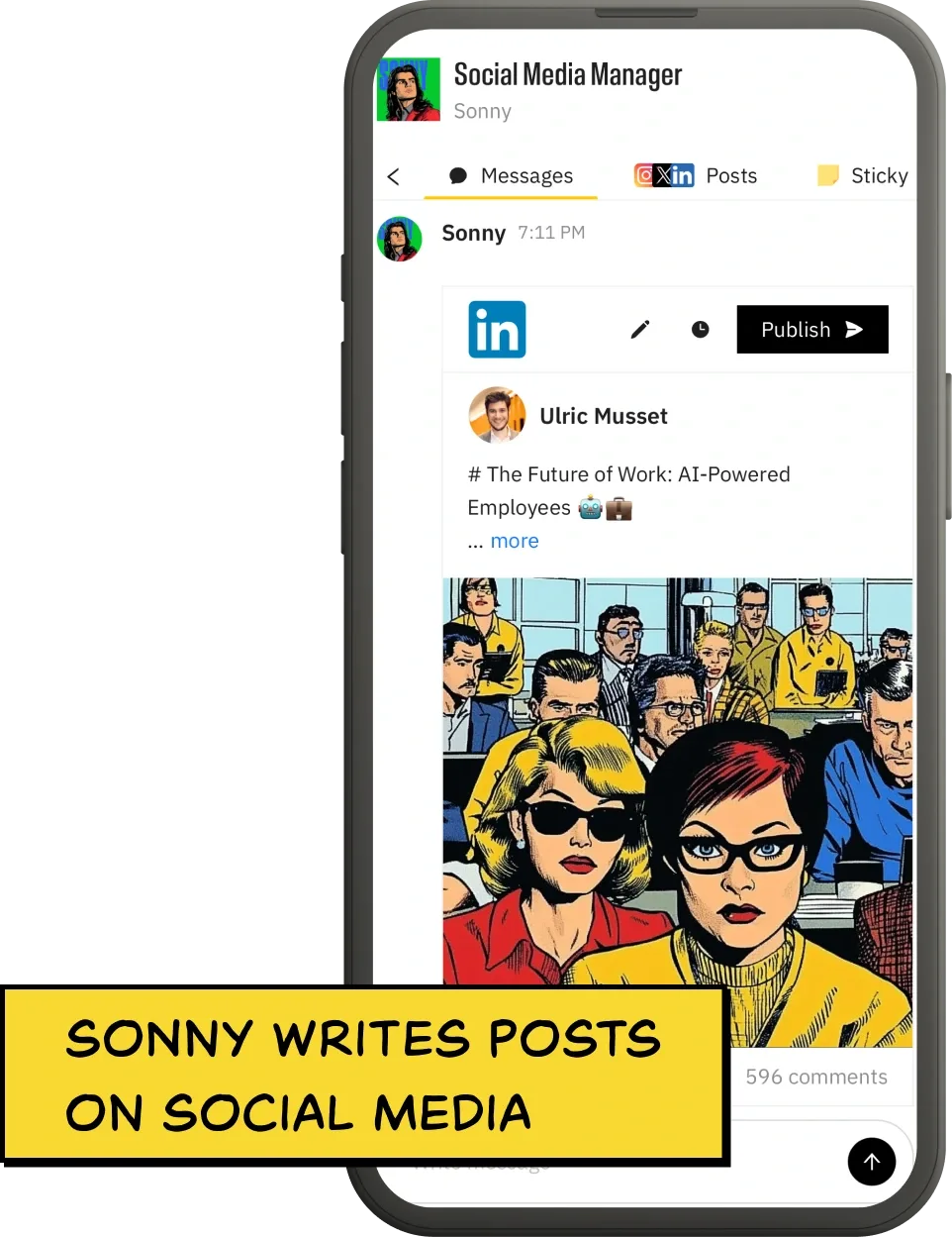 The Marblism app showing Sonny, the AI Social Media Manager, with a finished LinkedIn post drafted and ready to publish, with the caption Sonny writes posts on social media