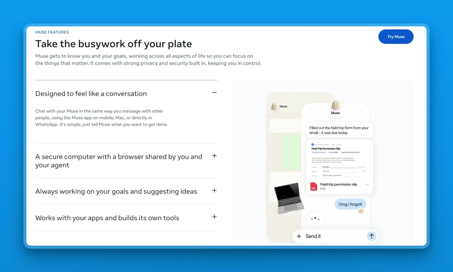 Muse features page showing the headline "Take the busywork off your plate" and a phone chat screenshot where Muse fills out a school field trip permission form it found in the user's email