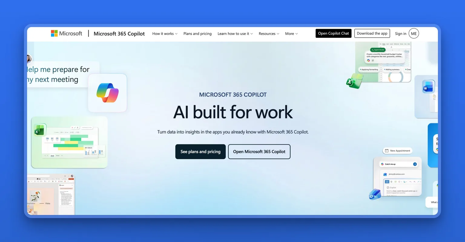 Microsoft 365 Copilot homepage, "AI built for work," showing Copilot inside Excel, Outlook, and Word