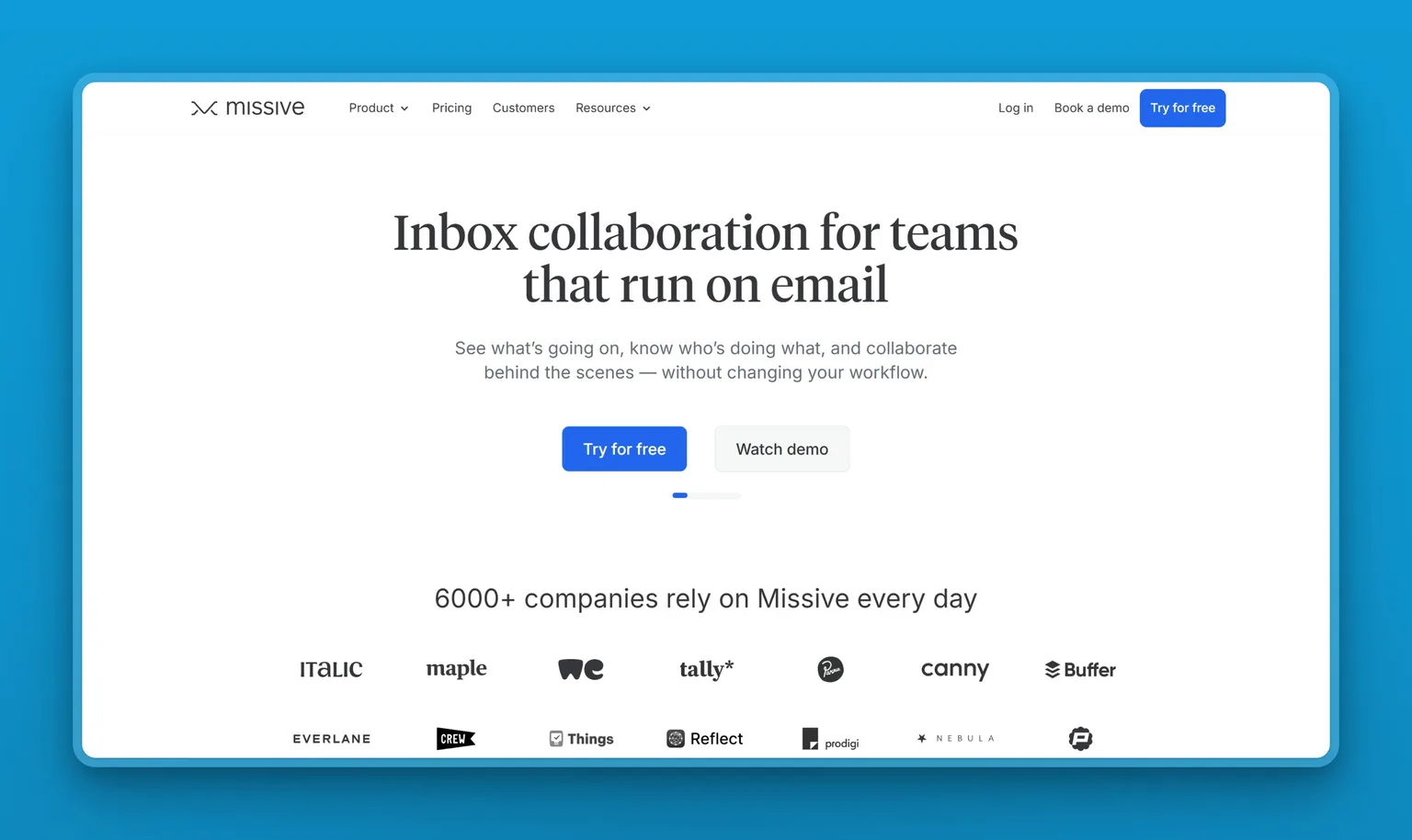 Missive homepage showing a shared team inbox with internal chat on email threads