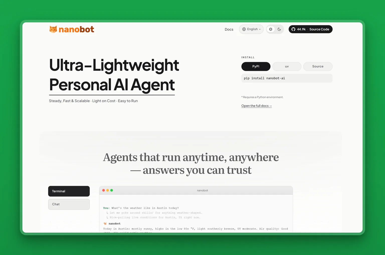 Nanobot homepage, a lightweight open-source AI agent