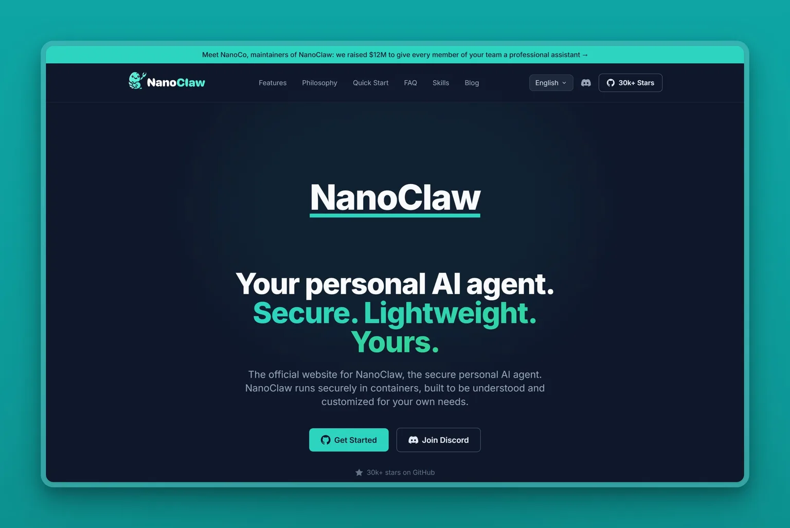 NanoClaw homepage showing its minimal containerized personal AI agent