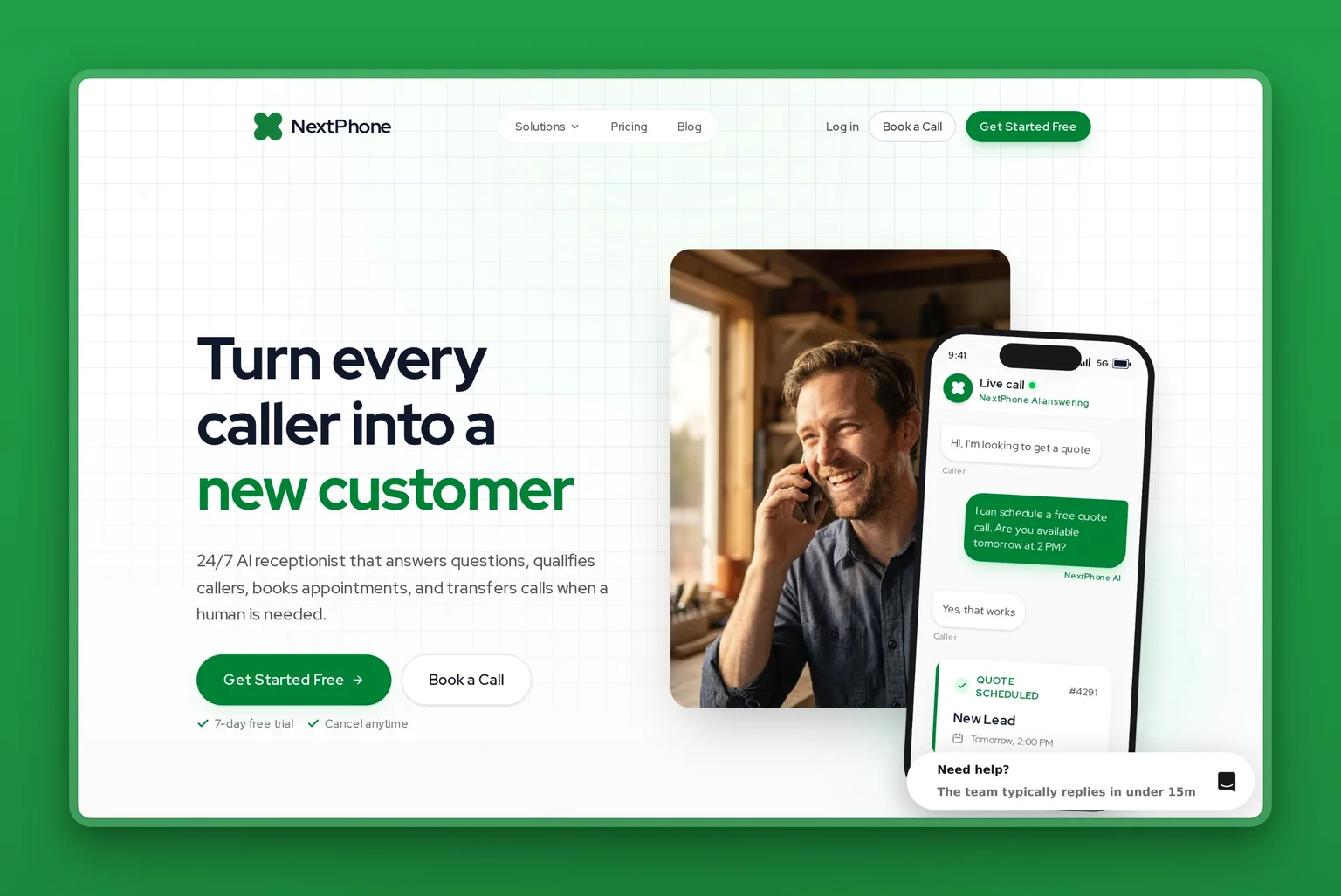 NextPhone AI receptionist homepage showing flat-rate unlimited call answering