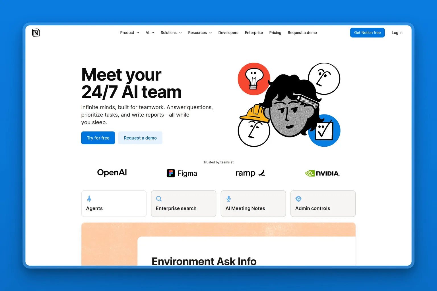 Notion AI homepage, "Meet your 24/7 AI team," with agents, enterprise search, and AI meeting notes