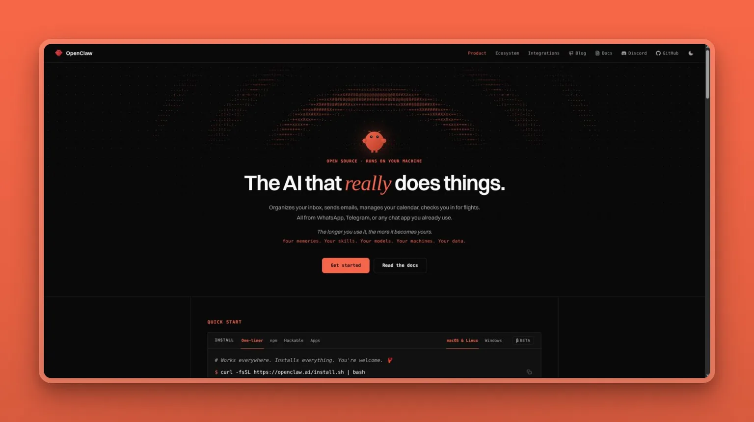 OpenClaw homepage showing the open-source personal AI assistant that runs on your machine, connecting to WhatsApp, Telegram, and 29+ messaging channels