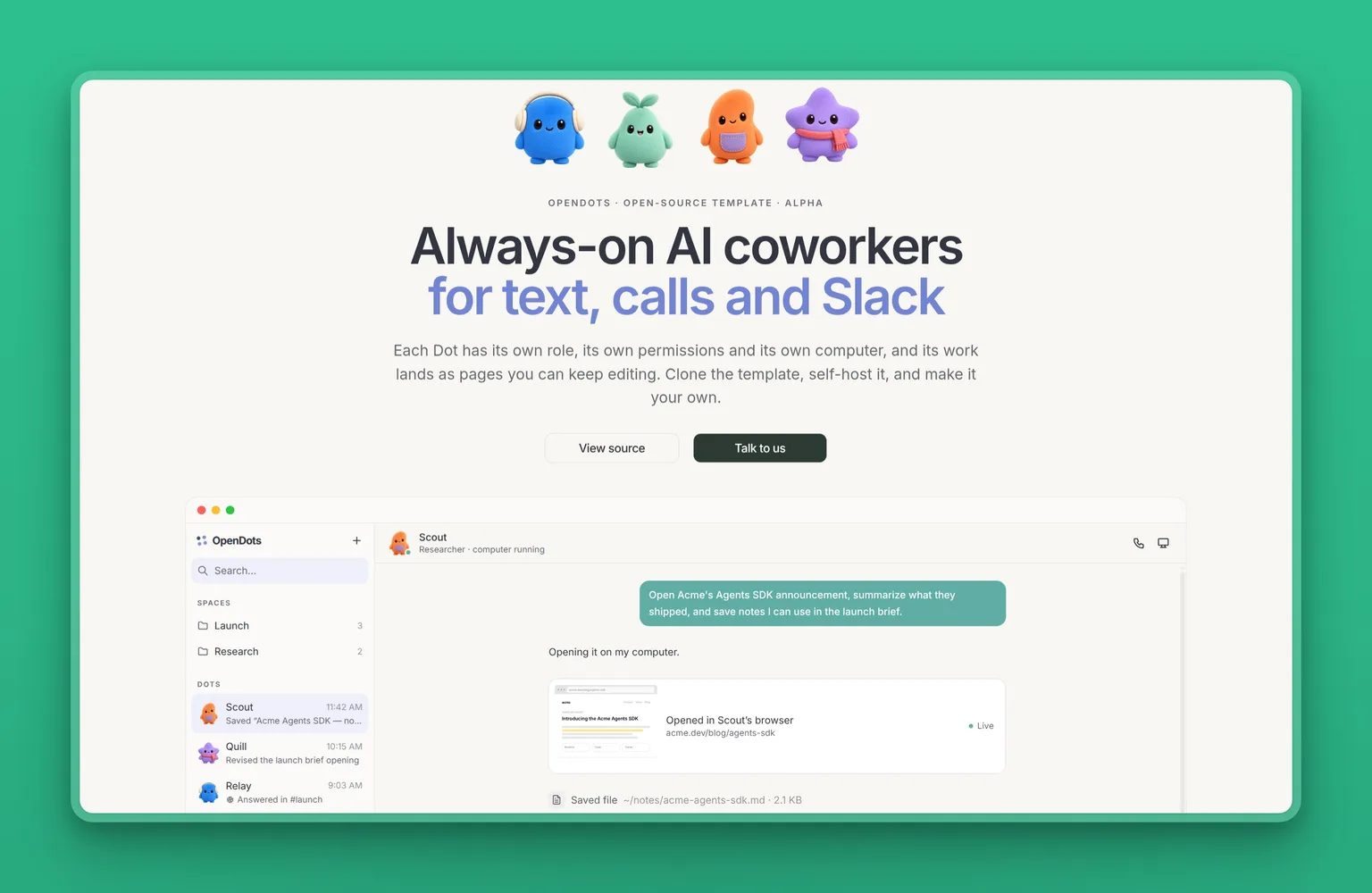 OpenDots product page showing the headline Always-on AI coworkers for text, calls and Slack above the app window with Scout, a researcher Dot