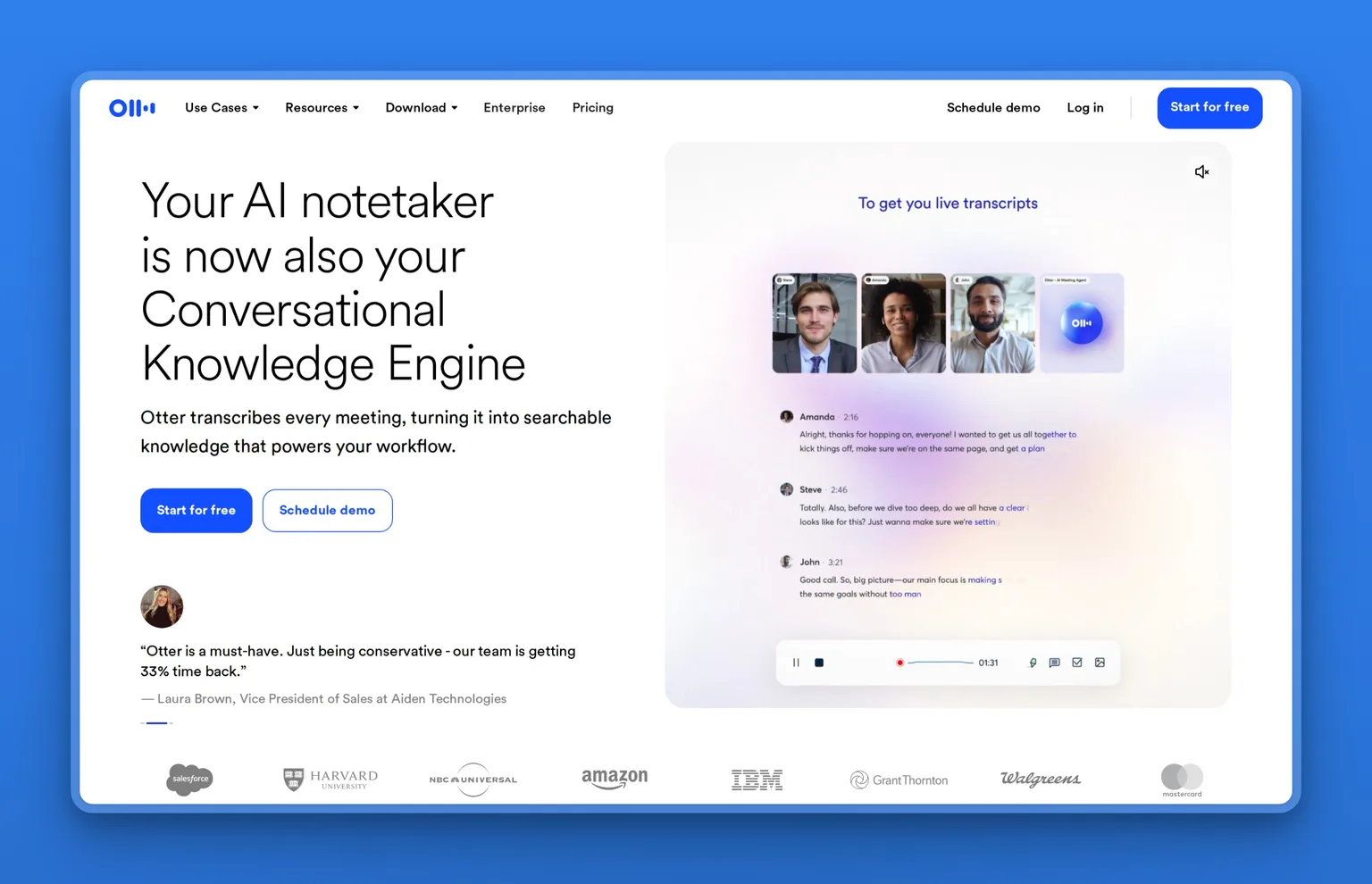Otter.ai live transcription with an automatic summary and action items panel