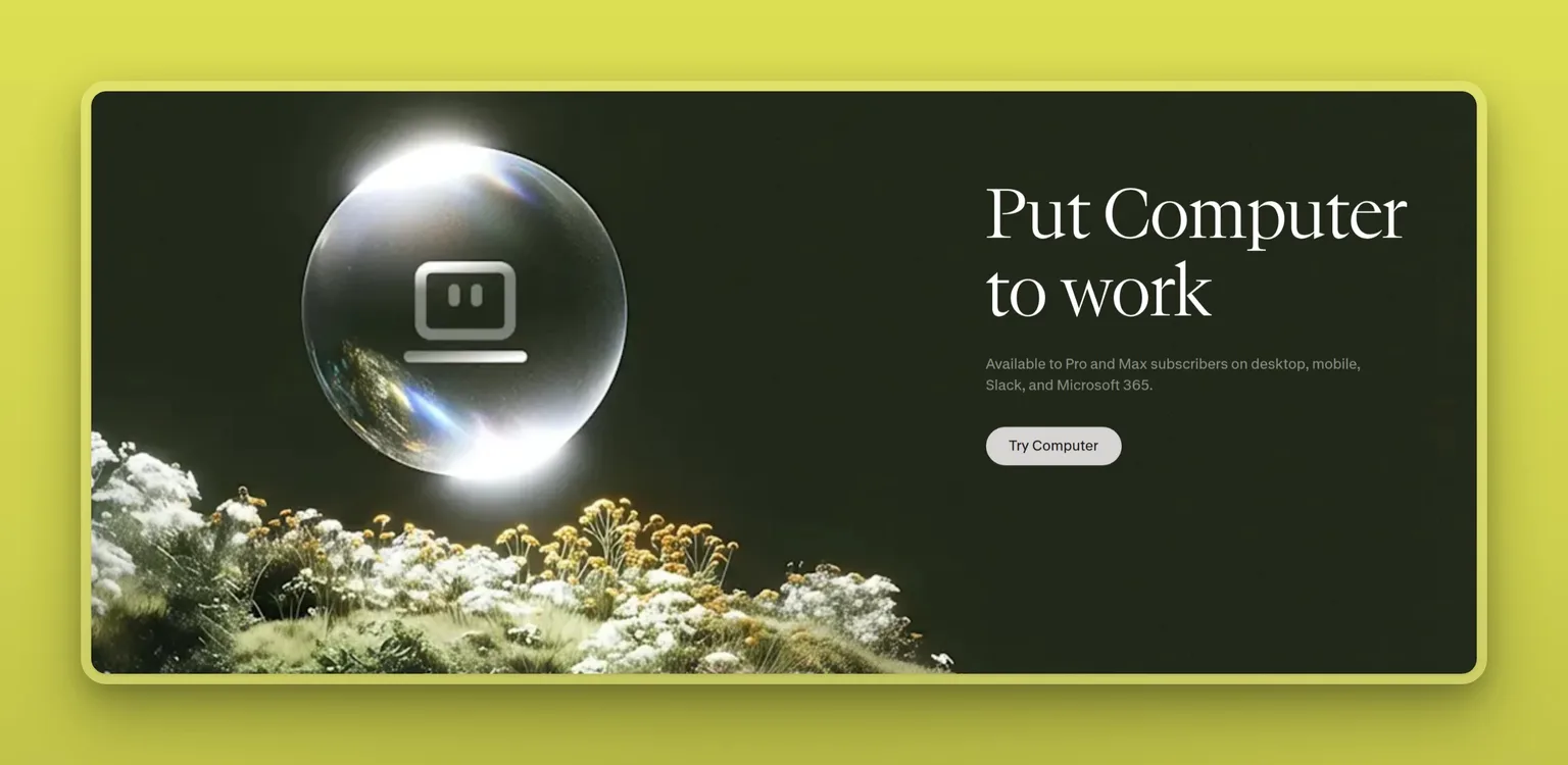 Perplexity Computer product page showing the Put Computer to work section, available to Pro and Max subscribers on desktop, mobile, Slack, and Microsoft 365