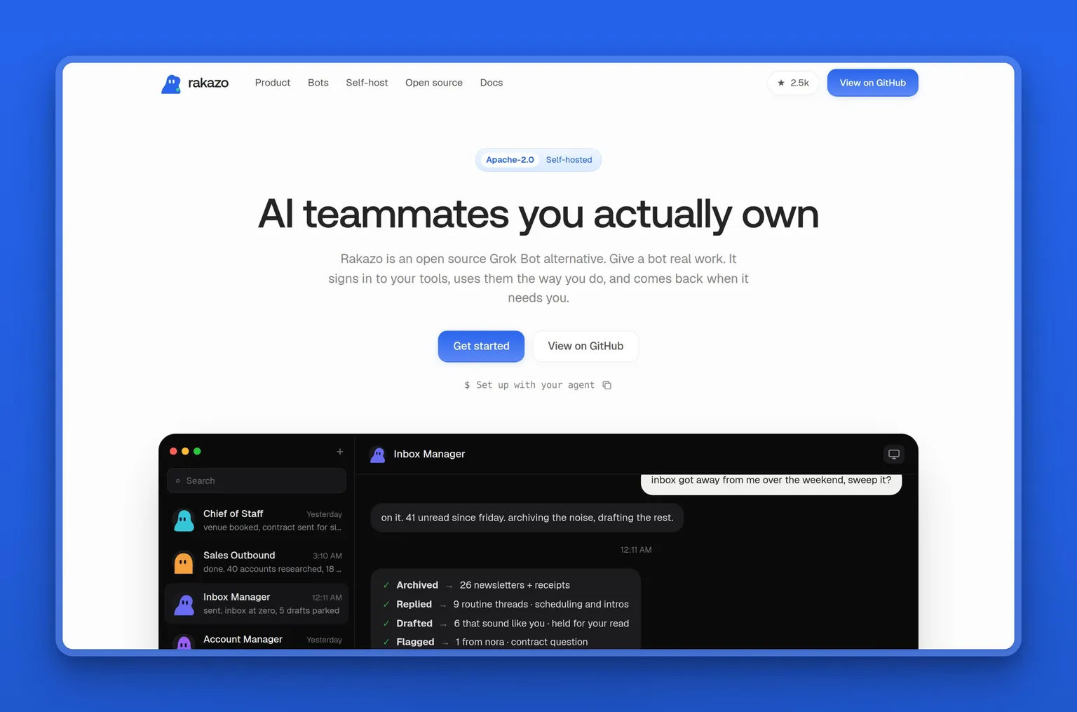 Rakazo self-hostable agent workspace showing persistent AI teammates with bring-your-own-model support