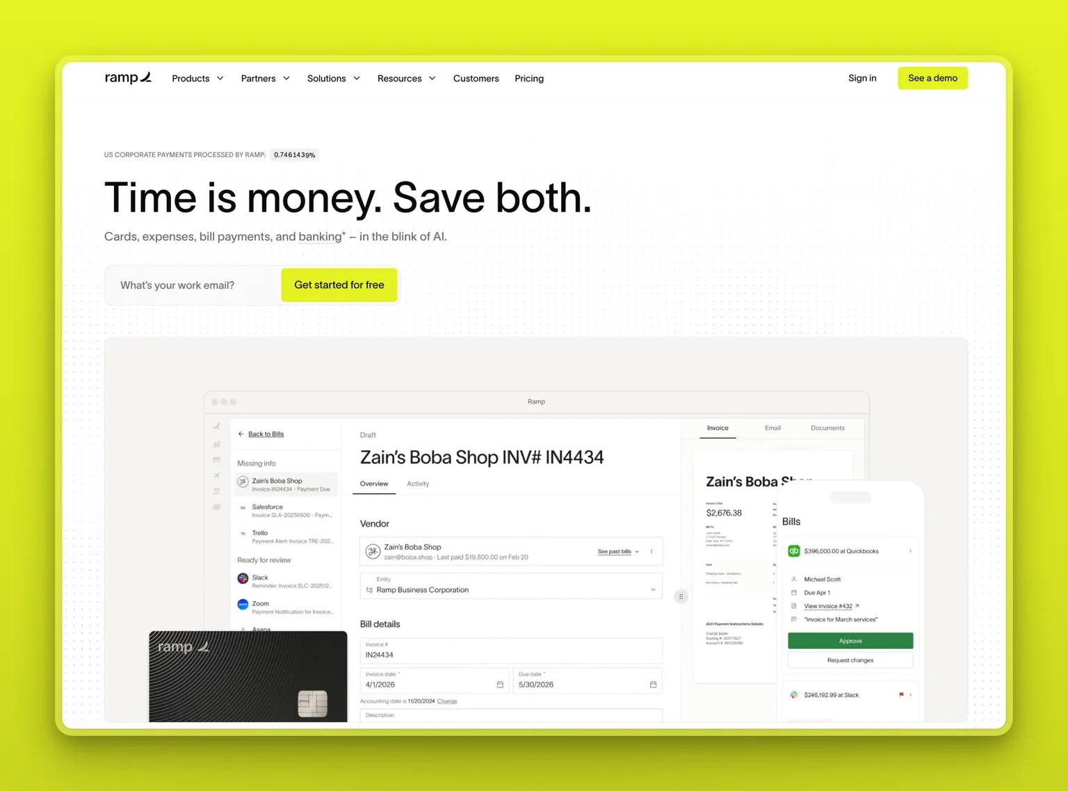 Ramp homepage, "Time is money. Save both," for AI-driven cards, expenses, and bill pay