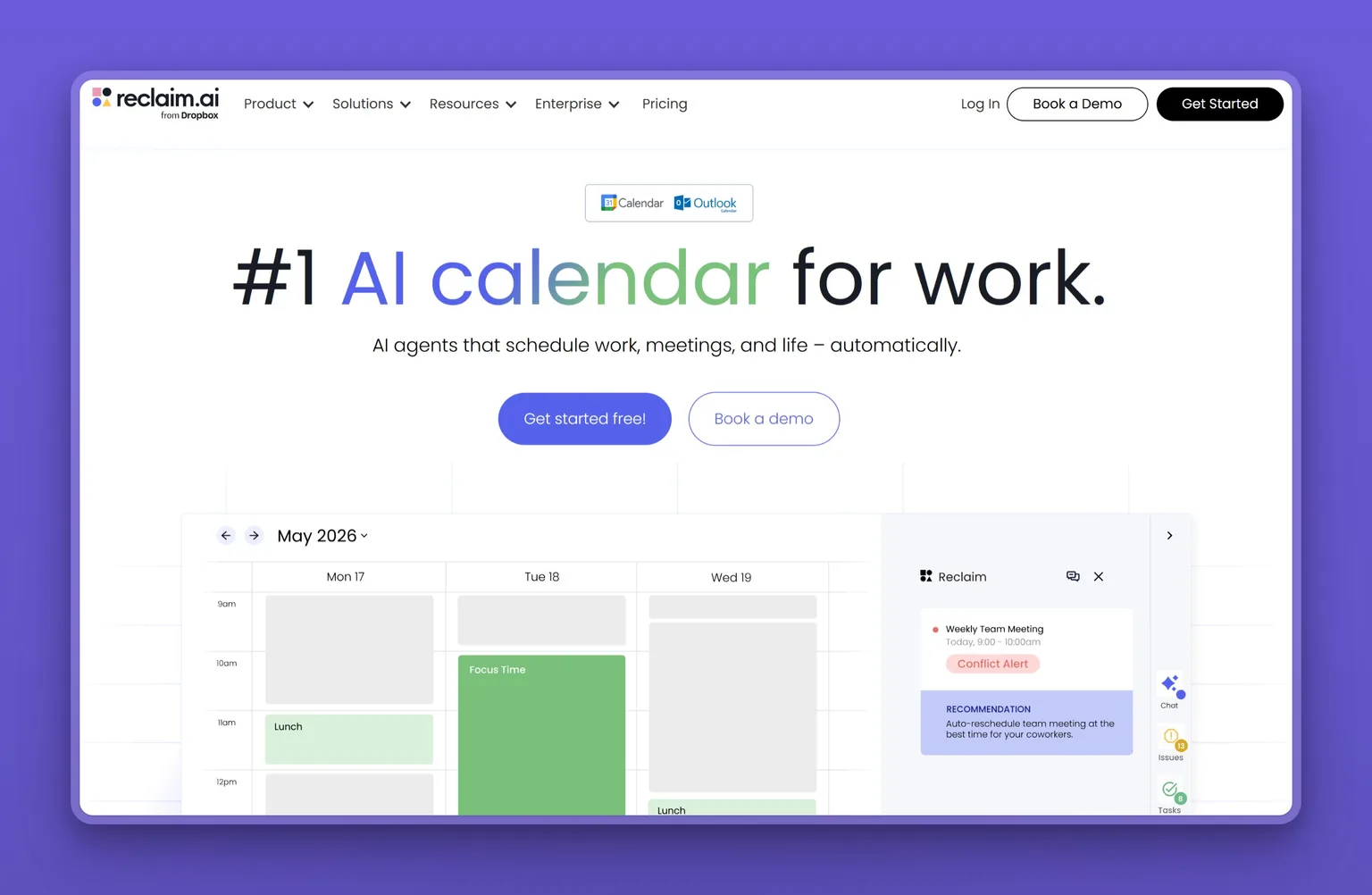 Reclaim.ai homepage showing AI scheduling for focus time, tasks, and recurring habits