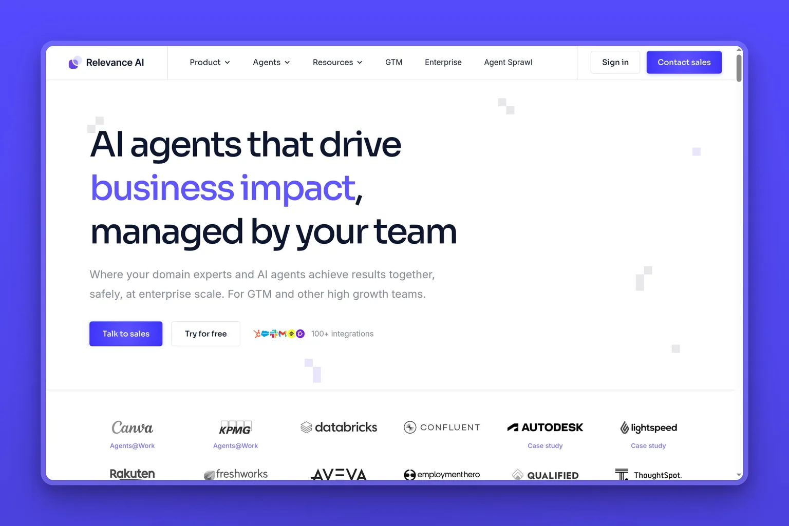 Relevance AI homepage showing its AI agents and "AI Workforce" product