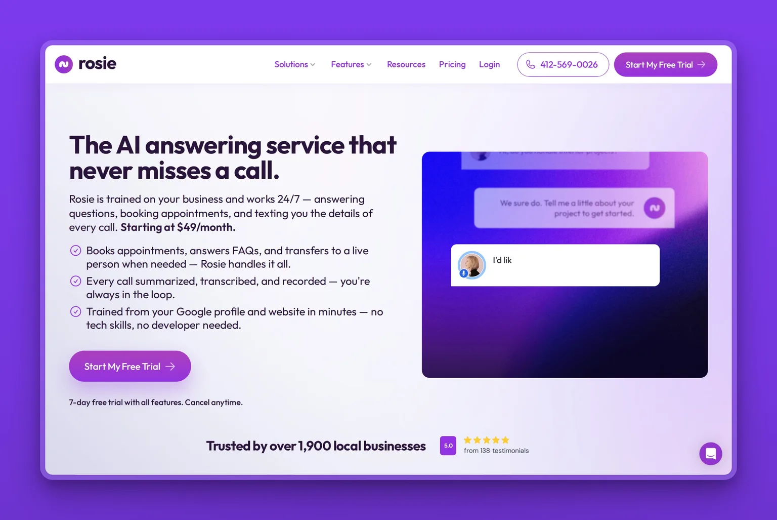Rosie AI receptionist homepage showing 24/7 call answering and booking for small businesses