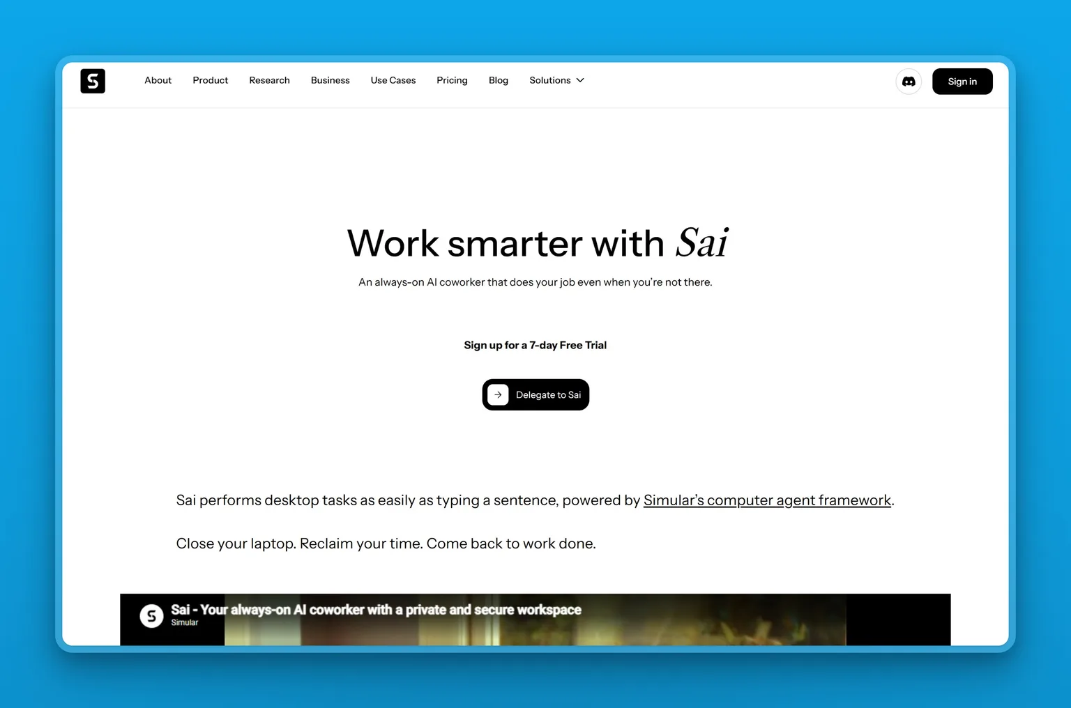 Sai by Simular product page showing its always-on desktop AI coworker