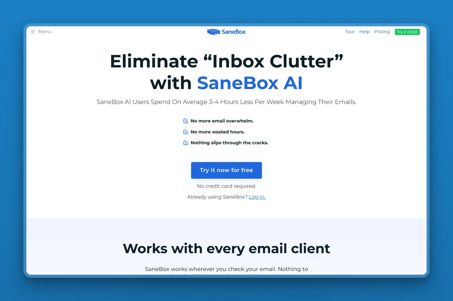 SaneBox homepage showing its email filtering service that works with any email client