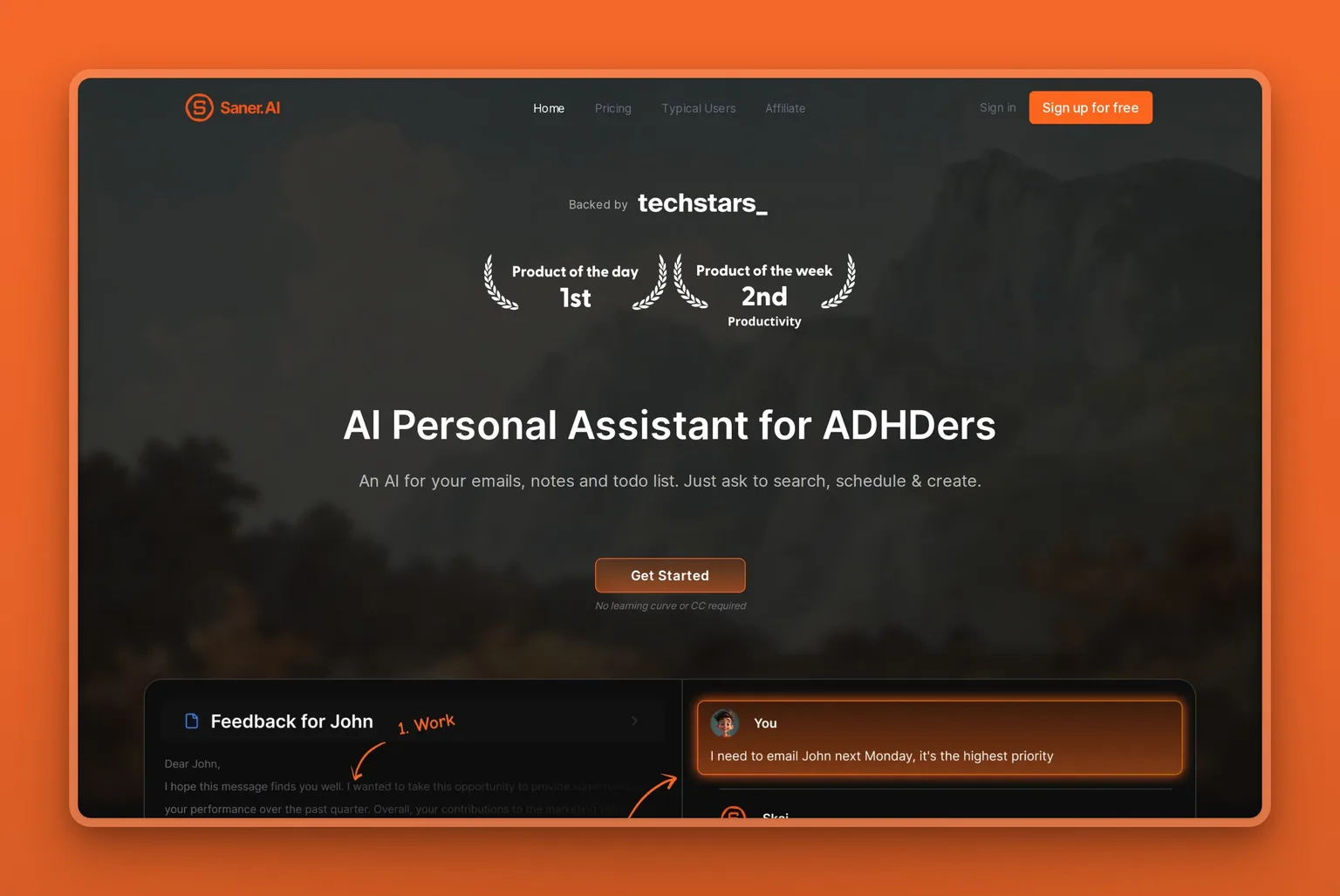Saner.AI chat assistant Skai planning a day from notes and tasks in one view