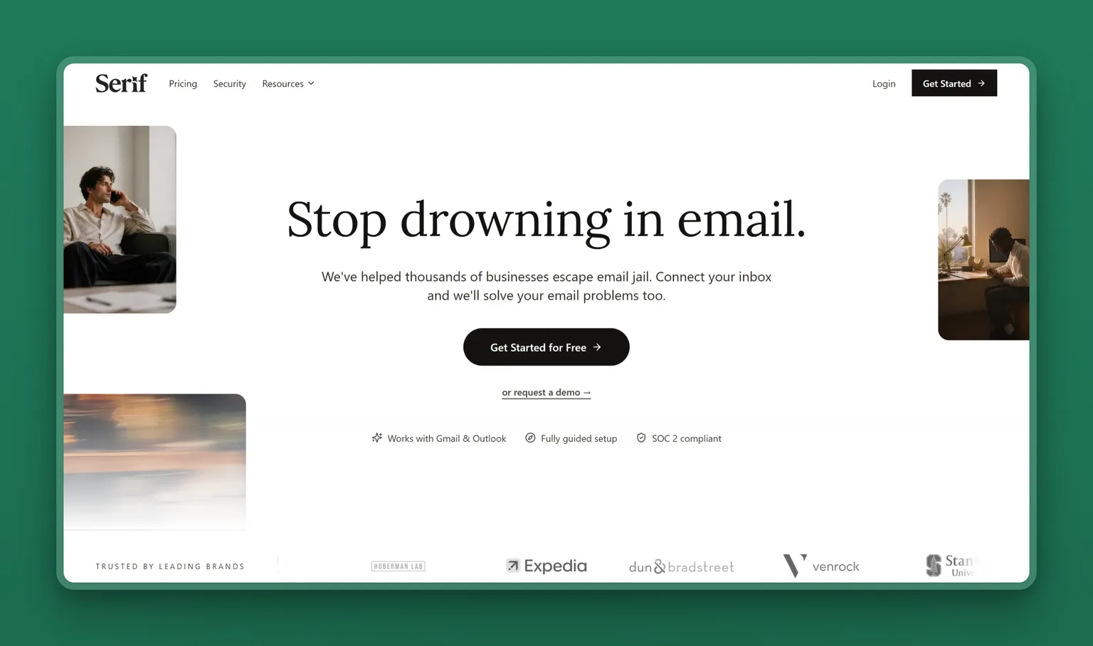 Serif homepage with the headline Stop drowning in email, showing it works with Gmail and Outlook and is SOC 2 compliant