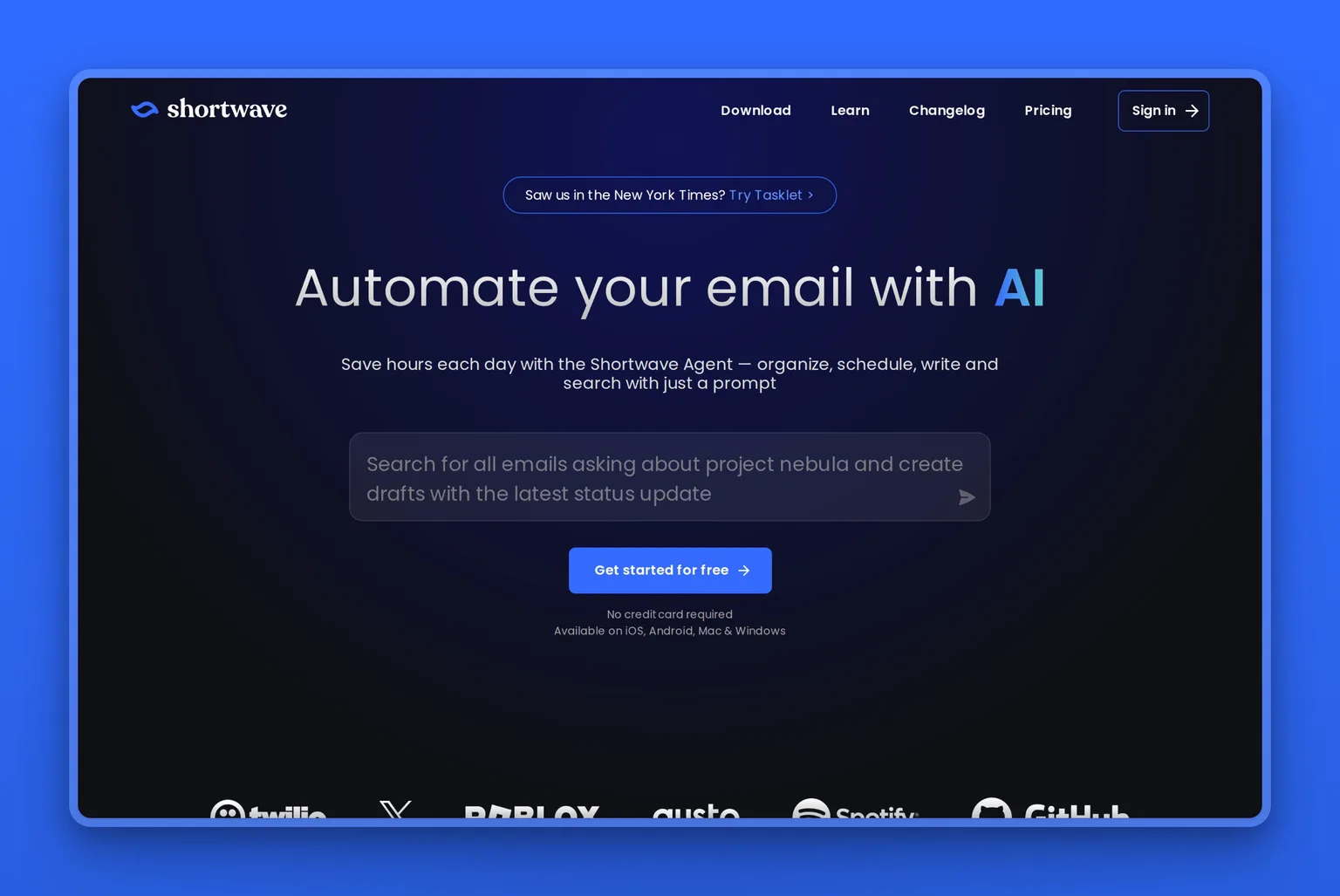 Shortwave homepage showing an AI-powered Gmail inbox with triage, summaries, and drafted replies