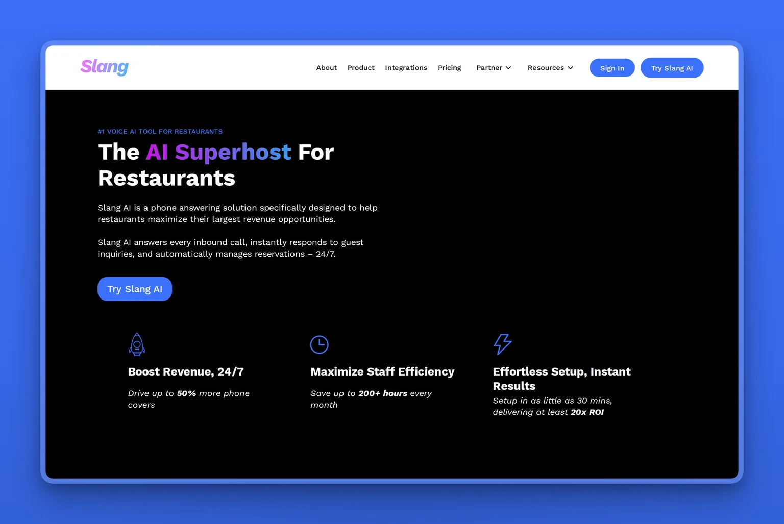 Slang.ai homepage showing AI phone answering built for restaurants