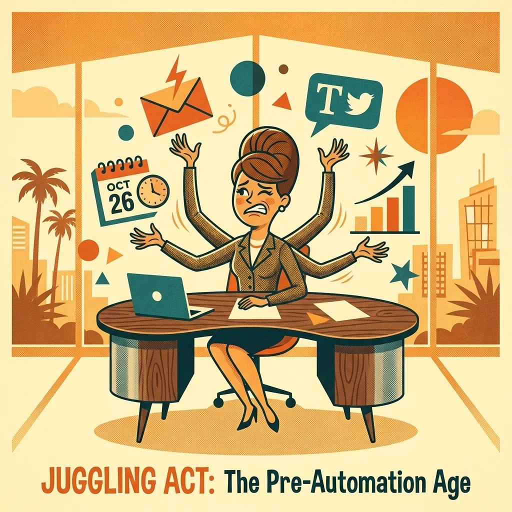 Cartoon illustration titled Juggling Act: The Pre-Automation Age, showing an overwhelmed business owner with six arms handling email, social media, a calendar, and reports at once