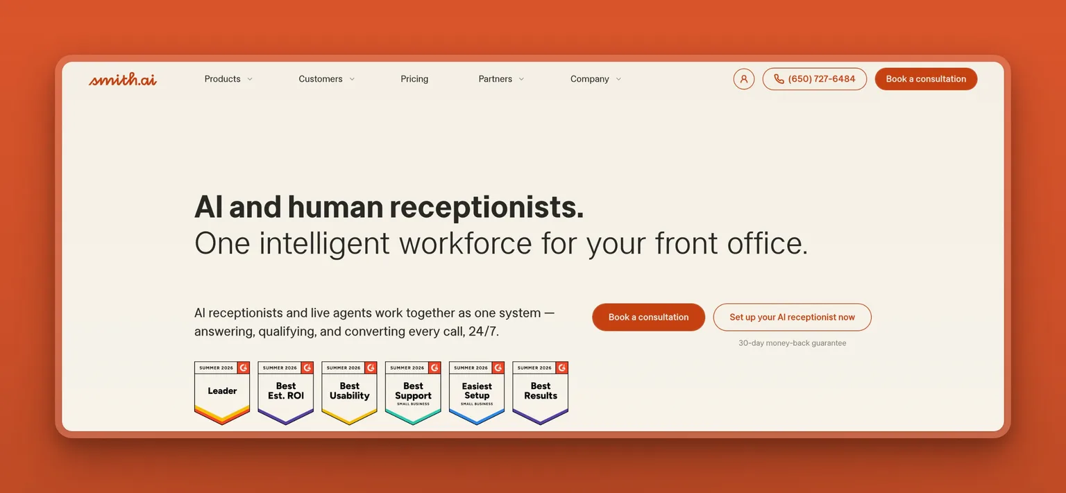Smith.ai homepage showing AI receptionists with live human agent backup